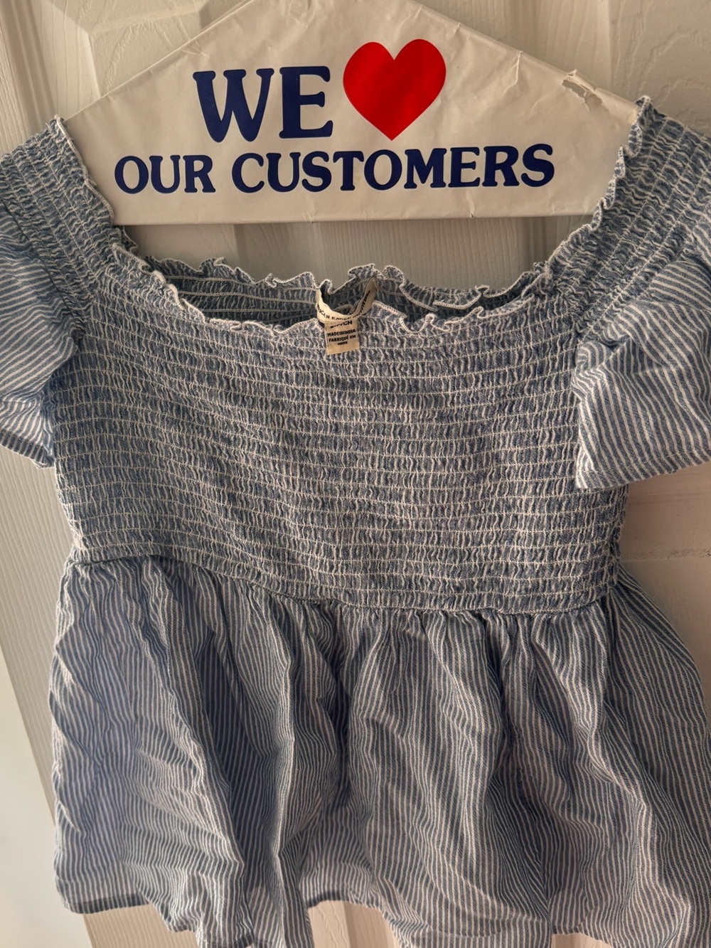 American Eagle Outfitters Blue & White Striped Smocked Off-Shoulder Top